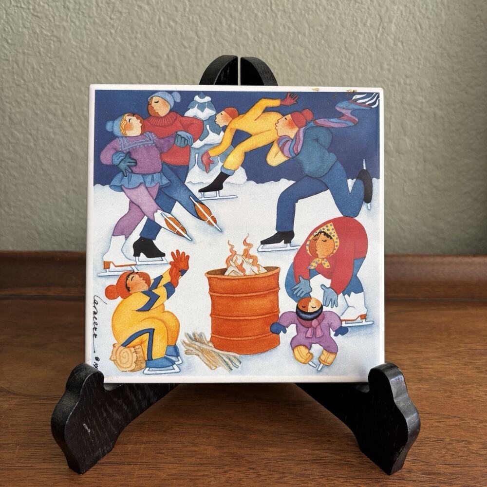 Vintage Barbara Lavallee Snow Ice Skating Art In the Snow Tile 6x6